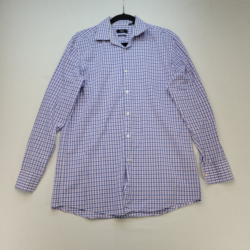 BOSS Hugo Boss Shirt Mens 15.5 32/33 Sharp Fit Purple Blue Check Button Up